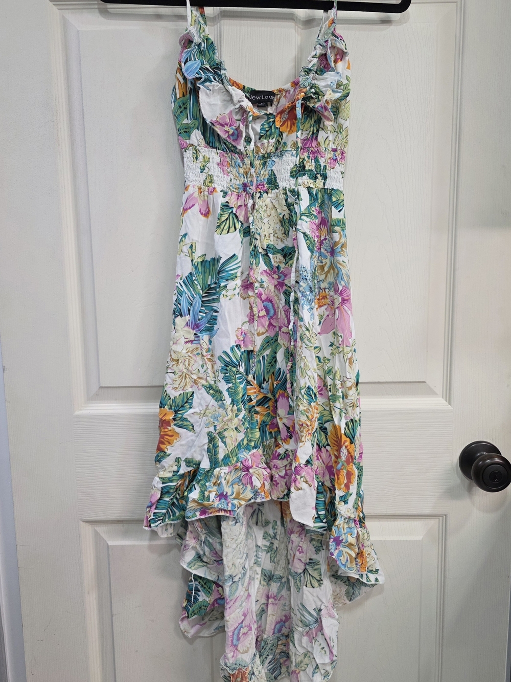 Womens New Look White Floral Hi Low Sun Dress with Pink and Blue Accents
